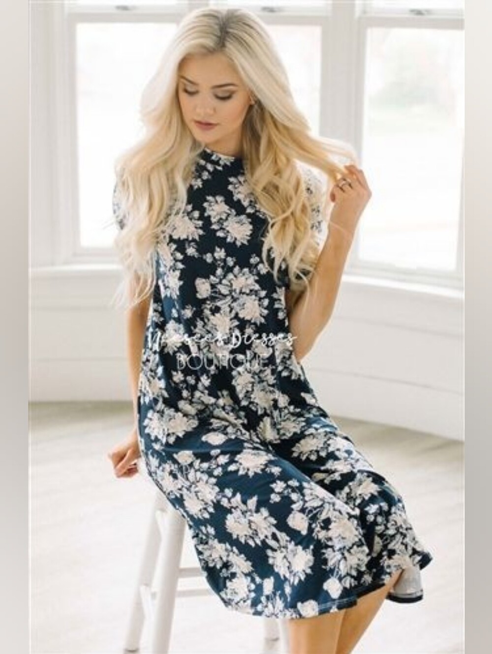Neesees DressesFloral Midi Dress in Navy and White - Women's Casual Summer Dress